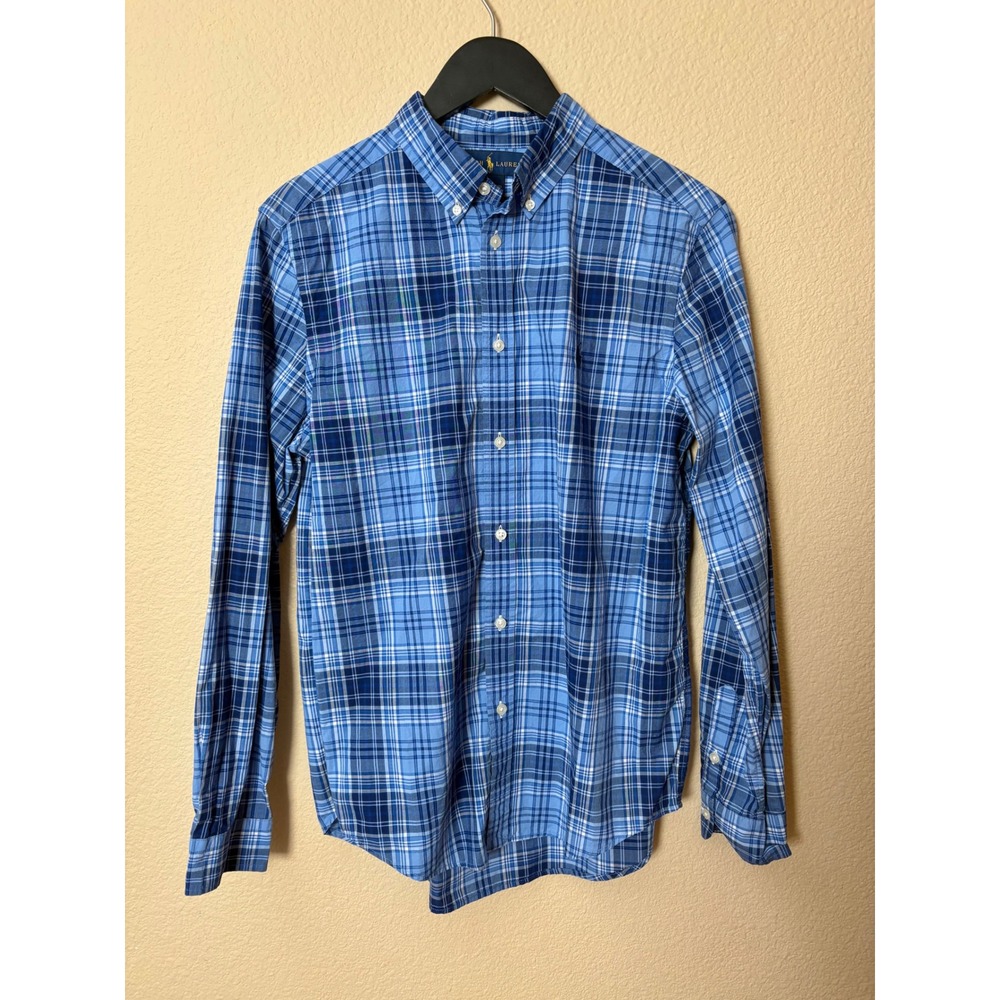 Ralph Lauren Boys XL 18-20 Blue Plaid Cotton Button Down Shirt Long Sleeve